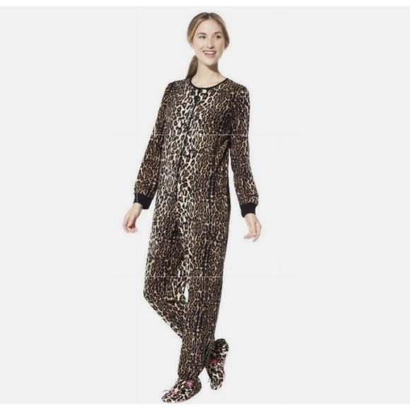 NWT NICK & NORA Womens 2X Pajamas Footie Leopard Print Fleece Footed Zip Front - Picture 1 of 16